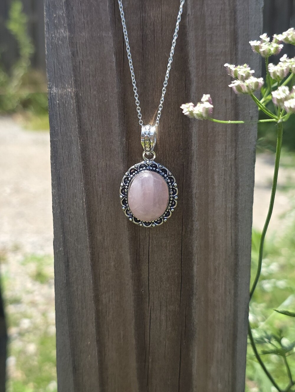Handmade Vintage Rose Quartz Pendant Necklace | 925 Sterling Silver Chain